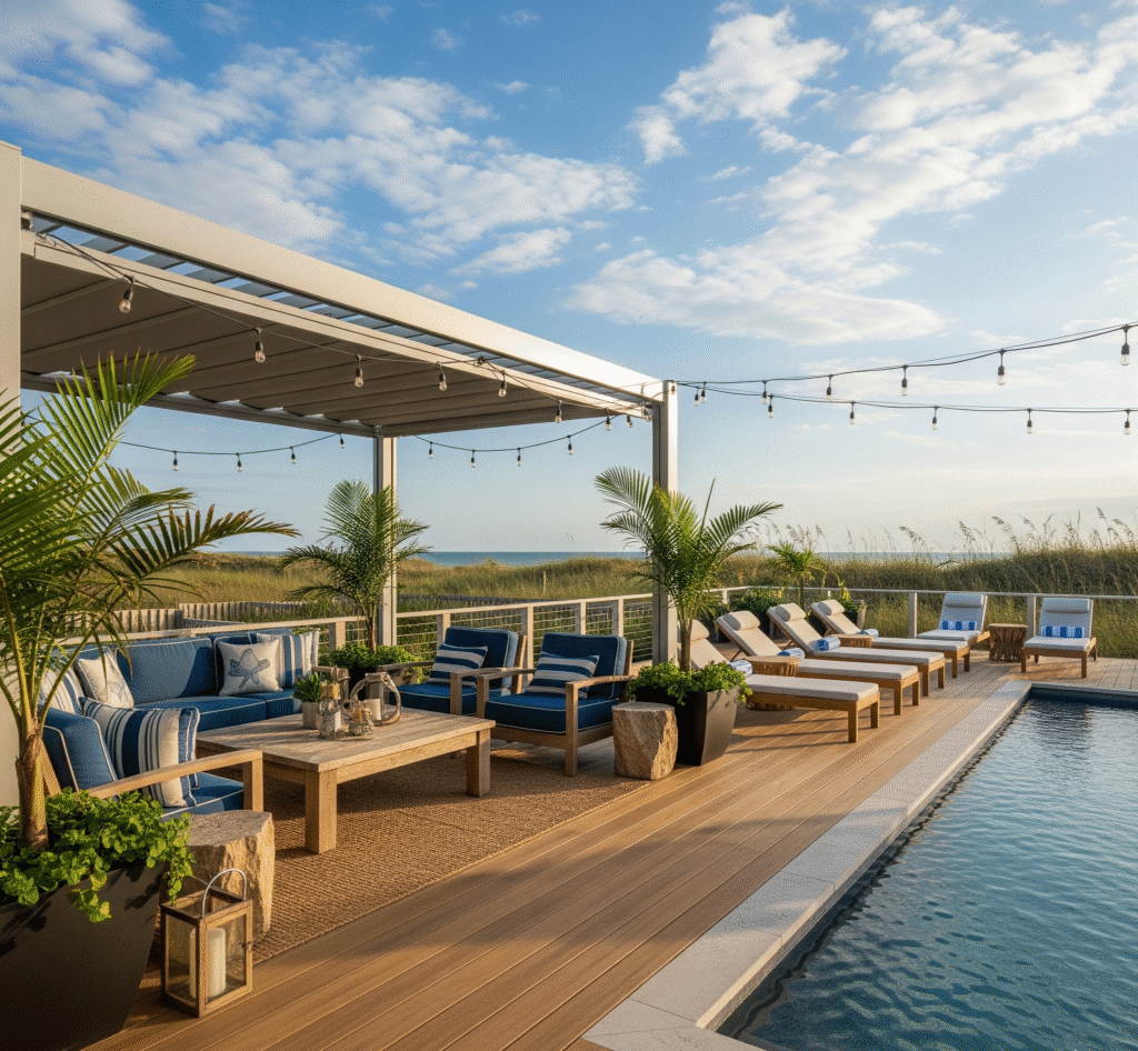 Custom outdoor living space in Avon with poolside deck and pergola, designed for durability and style in the Outer Banks environment.