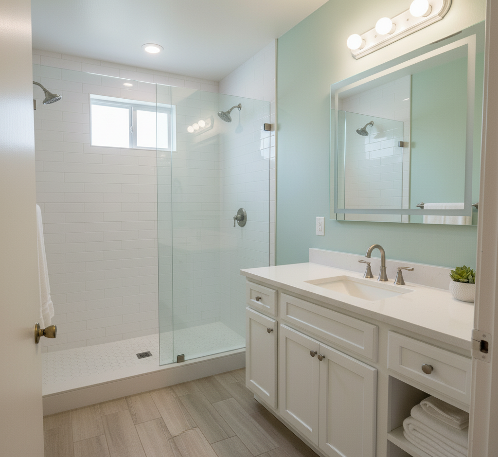 Modern Outer Banks bathroom remodel by Curtis Bros. Contracting featuring glass-enclosed walk-in shower with subway tile, upgraded vanity with quartz countertop, new fixtures, and wood-look tile flooring.