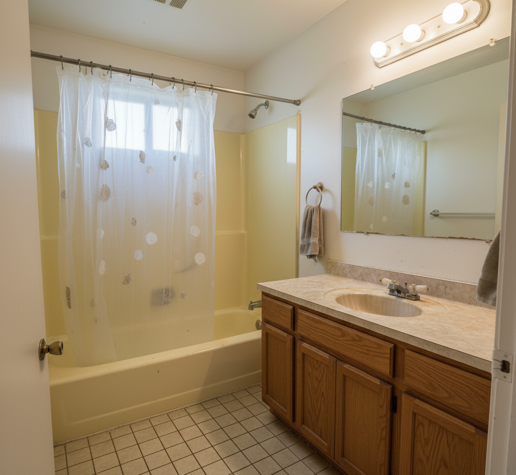 Outdated Outer Banks bathroom before renovation with yellow tub and shower combo, dated vanity, old mirror, and tile flooring, scheduled for full remodel by Curtis Bros. Contracting.