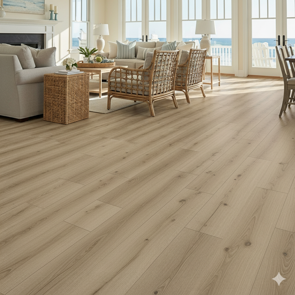 Durable luxury vinyl plank floor install in Corolla, designed for coastal homes, installed to resist moisture, sand, and seasonal wear in the Outer Banks climate.