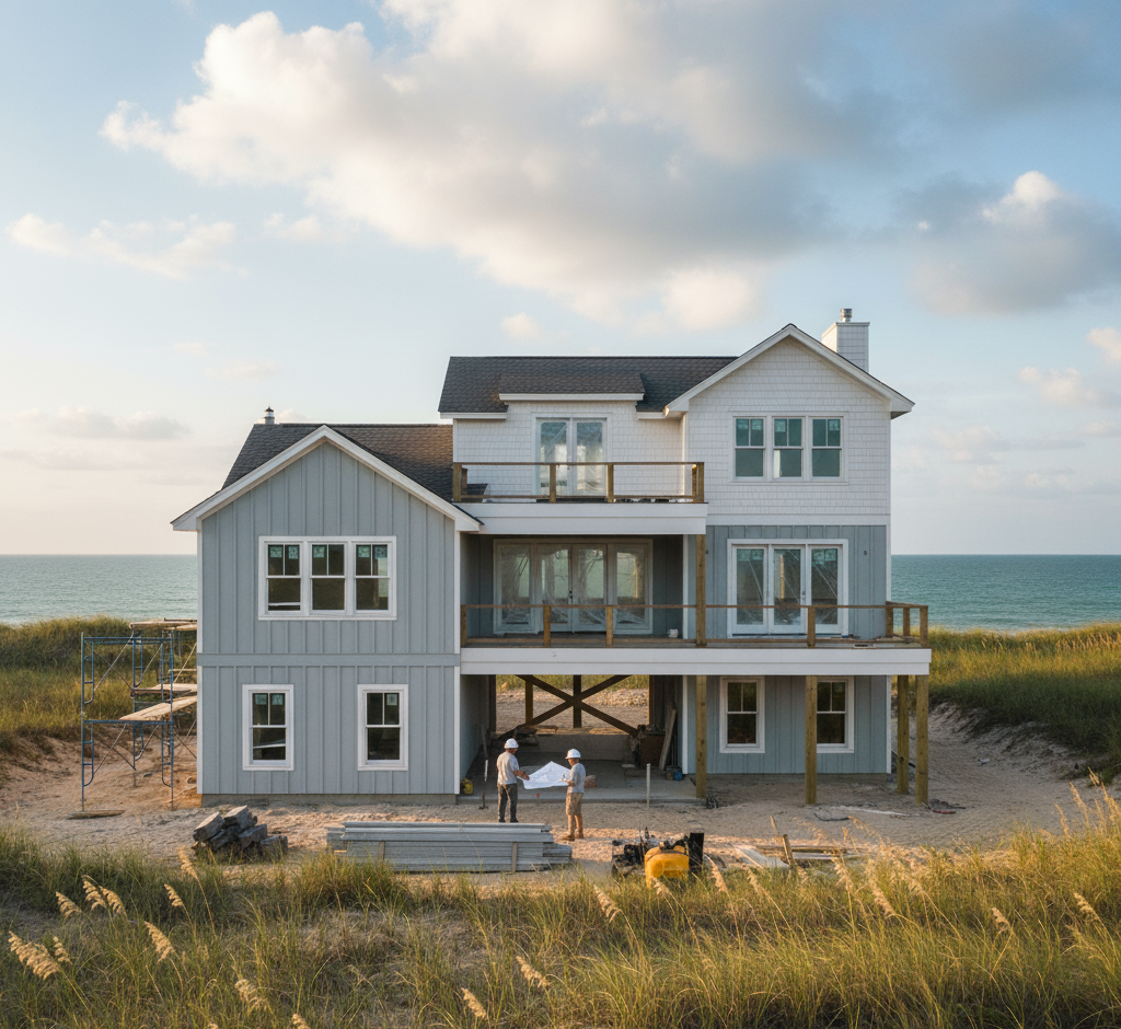 Outer Banks beachfront home under construction by Curtis Bros Contracting, featuring coastal-grade siding and elevated foundation built for wind and salt air resilience.