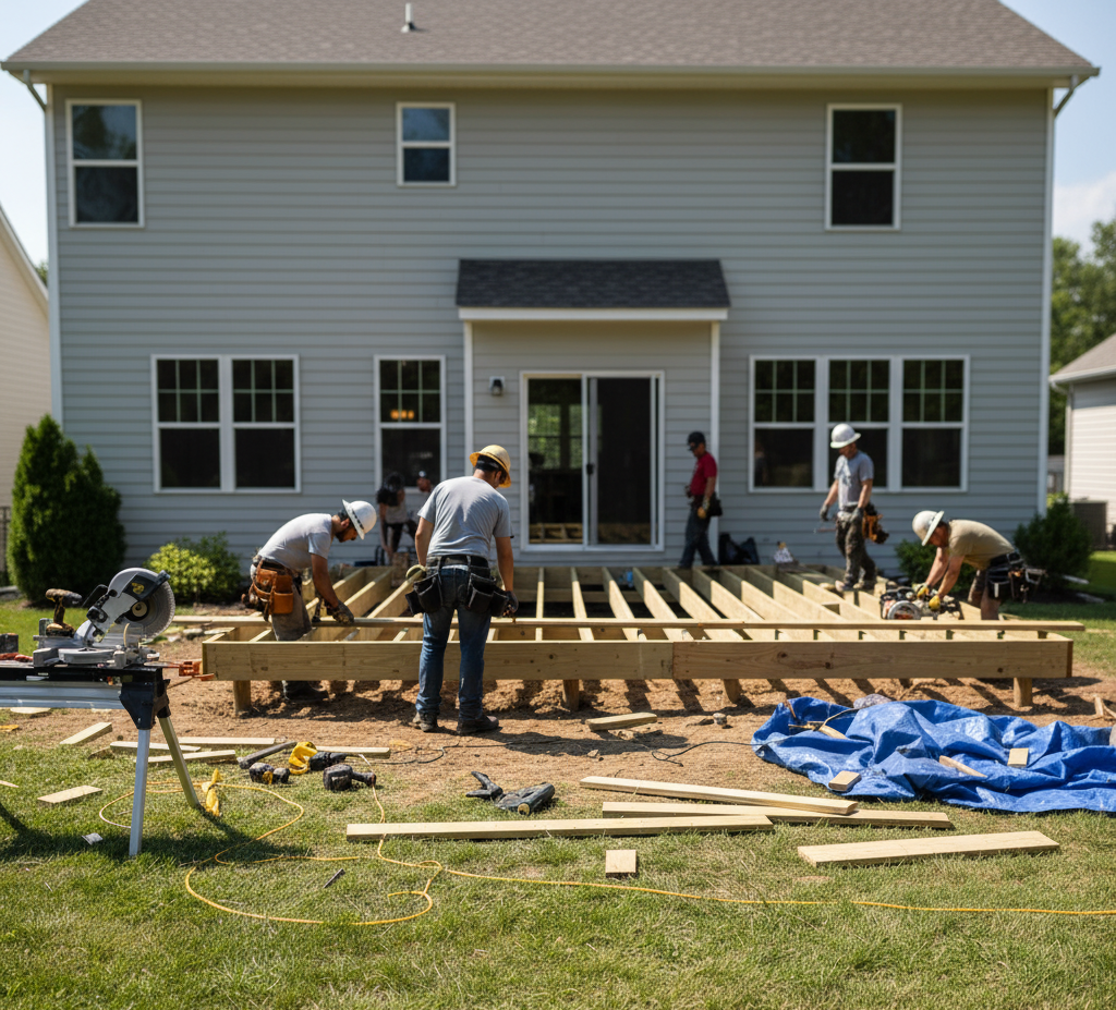 Professional deck builders installing a raised outdoor deck frame for a residential home in the Outer Banks