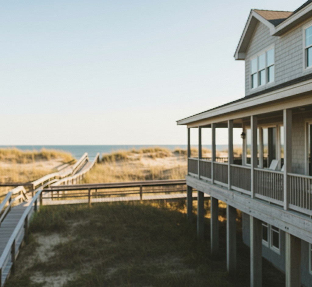 Outer Banks Construction Services coastal background reinforcing local contractor trust and service.