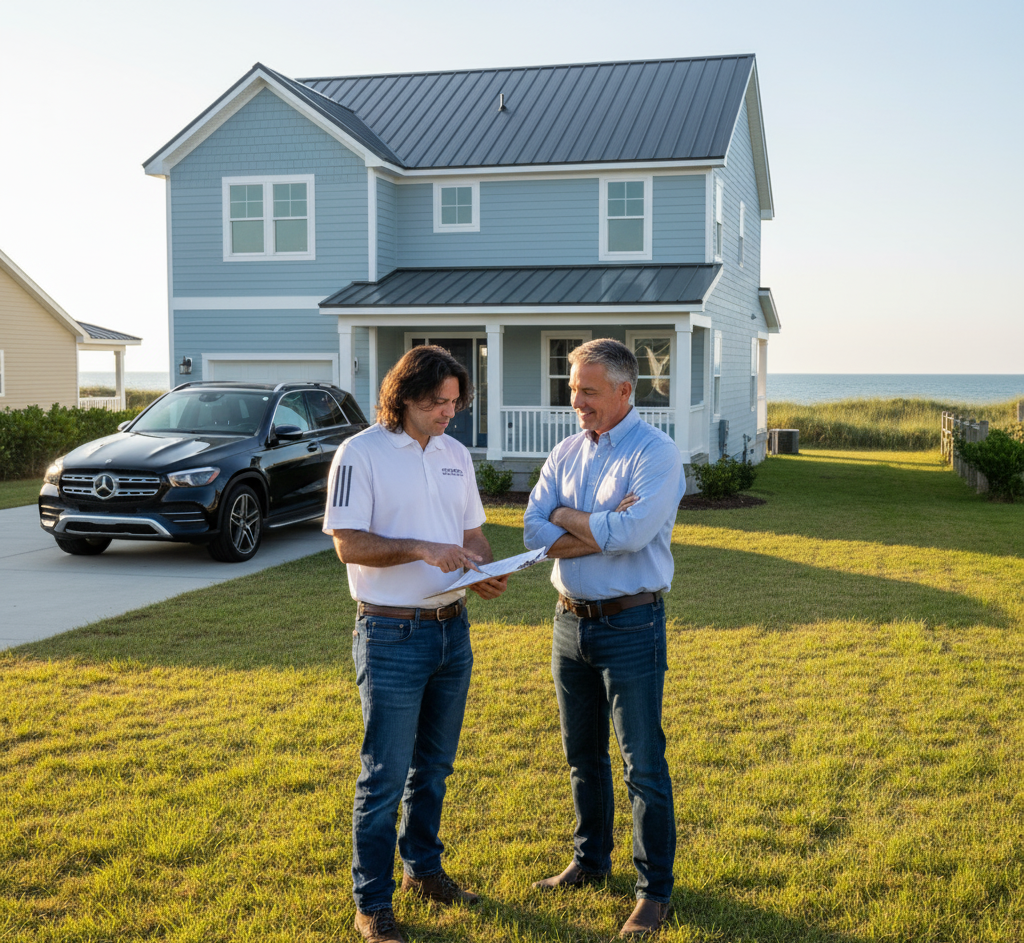 Curtis Bros. Contracting project manager reviewing roofing warranty documents with an Outer Banks homeowner in front of a newly installed metal roof.