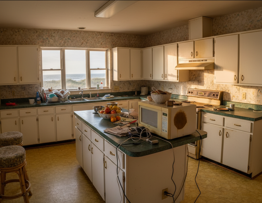 Outdated Outer Banks kitchen before remodeling, showing worn cabinets, old appliances, and dated countertops.