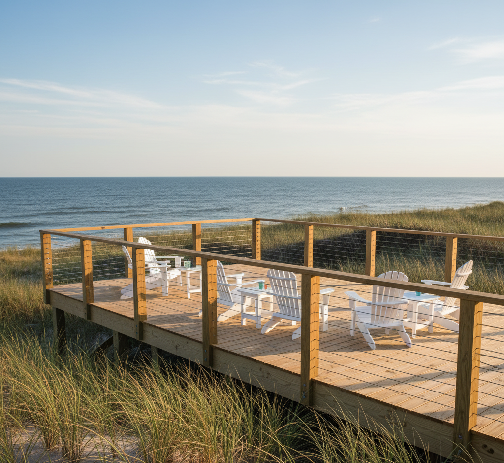 Custom-built Outer Banks deck designed for salt air and ocean winds, featuring elevated framing, composite decking, and unobstructed coastal views.