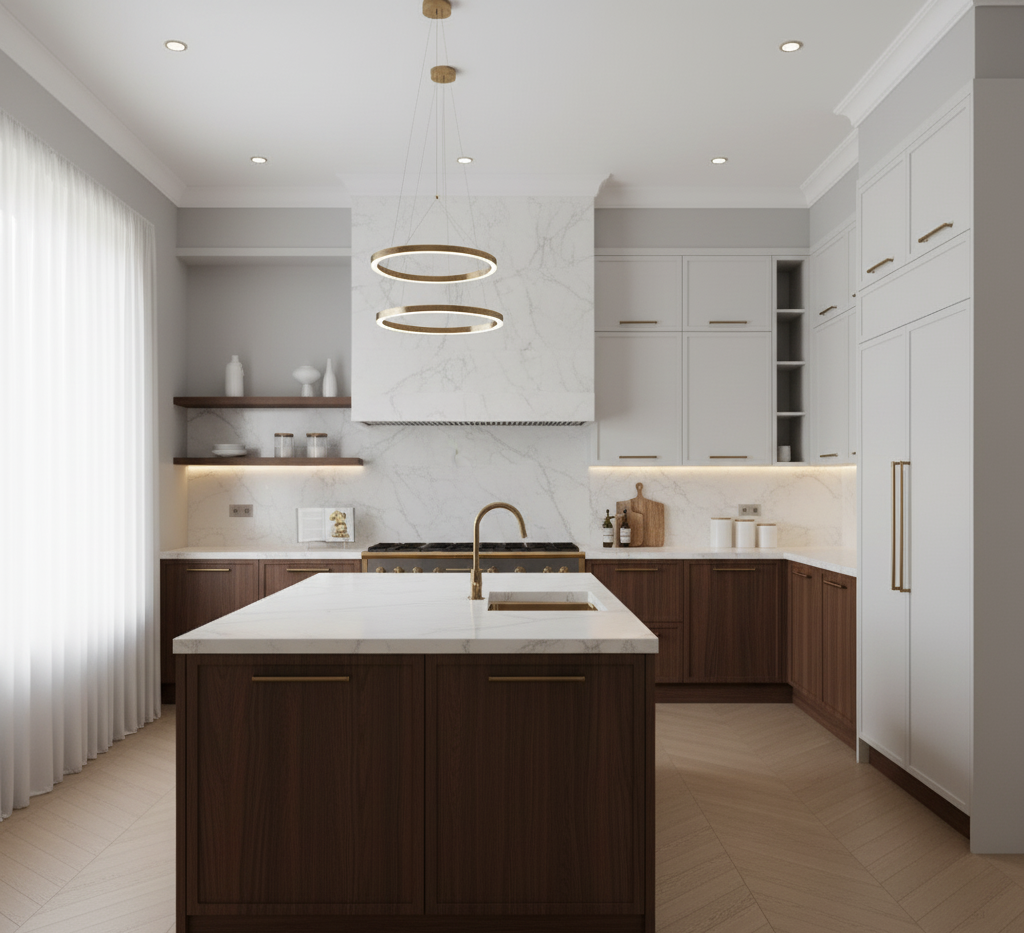 Modern Outer Banks kitchen remodel with marble countertops, custom cabinetry, and contemporary lighting design by Curtis Bros Contracting.