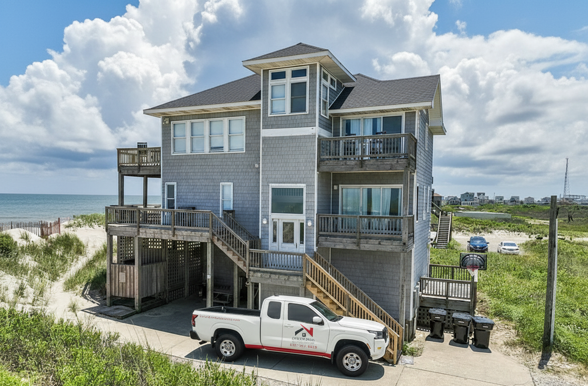 Outer Banks oceanfront home after roof replacement featuring brand new asphalt shingles installed by Curtis Bros. Contracting, creating a clean, durable, and weather-resistant finish with contractor work truck parked in driveway.