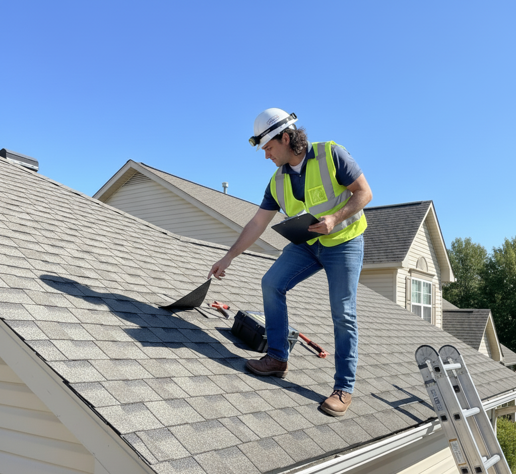 Outer Banks roofing contractor inspecting asphalt shingles on a residential roof during a professional roof inspection by Curtis Bros. Contracting.