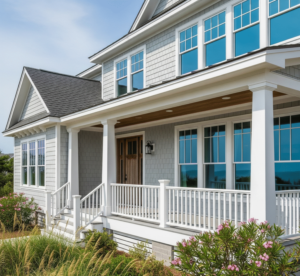Finished Southern Shores exterior featuring coastal-grade siding, energy-efficient impact windows, and a covered porch built for lasting protection and style.