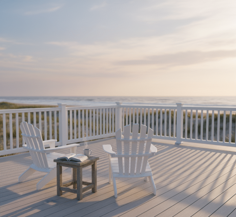 Peaceful Ocracoke coastal deck overlooking the ocean at sunset, featuring two white Adirondack chairs and a small table with a steaming mug and open book, evoking calm, relaxation, and the desire to create this serene space through expert craftsmanship.