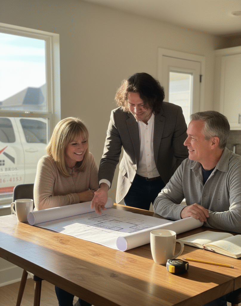 Tommy from Curtis Bros Contracting meets with homeowners in a bright kitchen, reviewing blueprints together and building trust through clear communication and professionalism, with a branded company truck visible outside.