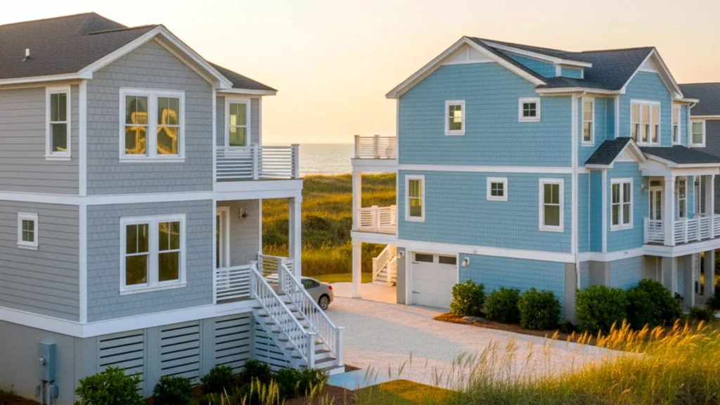 Contractor Corolla NC beach homes with fiber cement siding and white PVC trim, built to withstand salt air, wind, and sand exposure common along the Outer Banks.