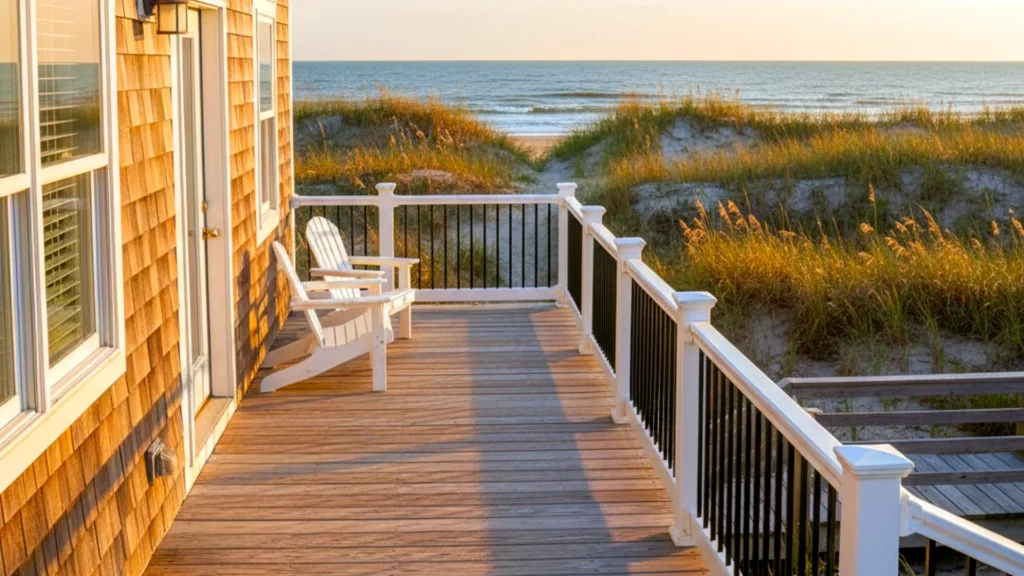 Contractor Duck NC built Coastal deck in Duck NC with cedar shake siding, white-and-black railing, and a view over the dunes toward the ocean at sunrise.