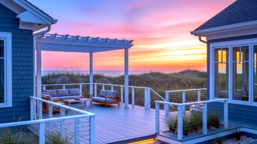 Contractor Corolla NC coastal deck and pergola overlooking dunes and the ocean in Corolla North Carolina with materials and construction details that reflect the local environment and the conditions unique to the northern Outer Banks.