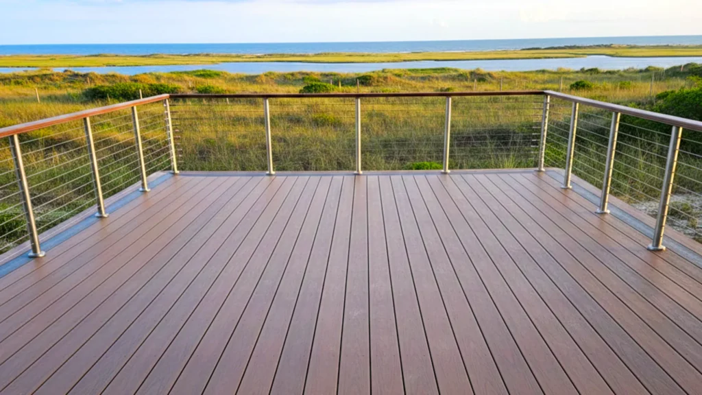 High-end composite deck with picture-frame layout and cable railings in Avon, NC