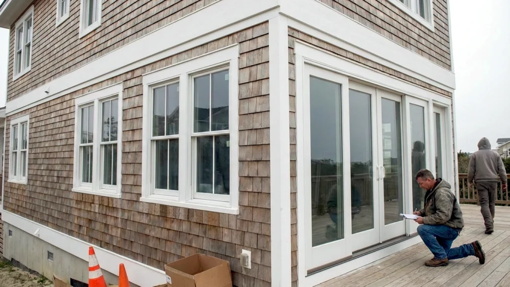 Licensed Outer Banks general contractor inspecting completed window and door installation in Duck, NC