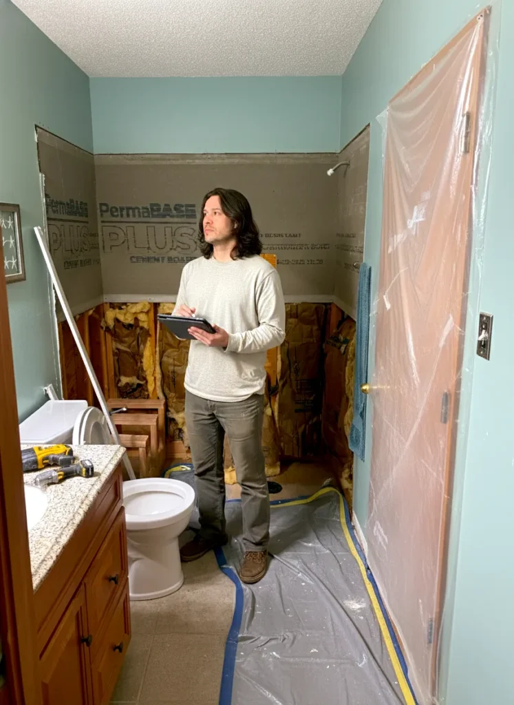 Bathroom remodeling planning phase in Corolla NC showing controlled demolition, protected surfaces, and contractor reviewing conditions on site.