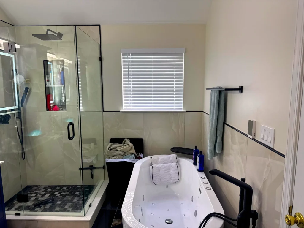 finished bathroom remodel in Hatteras NC showing completed tile, fixtures, and quality control closeout