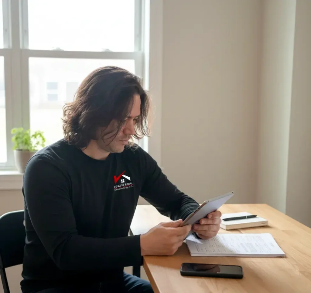 professional OBX contractor reviewing plans on a tablet at a desk, ready for consultation and client communication