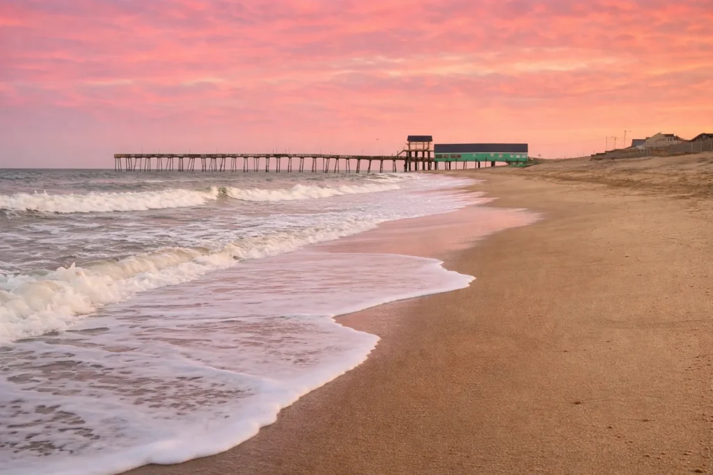 Sunrise over Kill Devil Hills beach with gentle waves and a long Outer Banks pier extending into the Atlantic taken by Curtis Bros - a Kill Devil Hills Remodeling Contractor