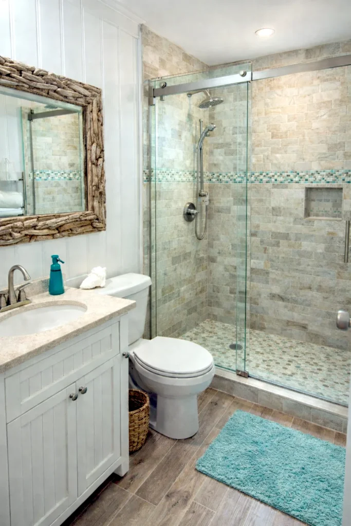 Remodeled Outer Banks bathroom with walk in glass shower, white vanity, driftwood mirror, and coastal tile finishes.