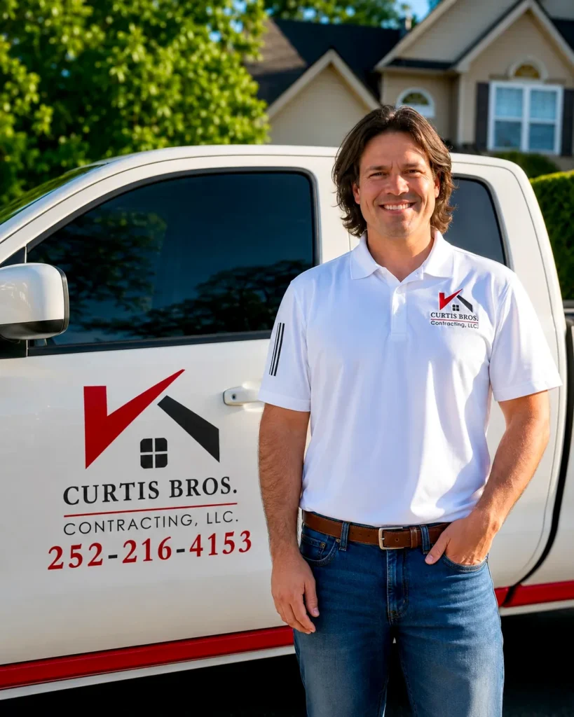 Curtis Bros Contracting representative standing beside a branded company truck in Scott’s Pond, Williamsburg, Virginia.