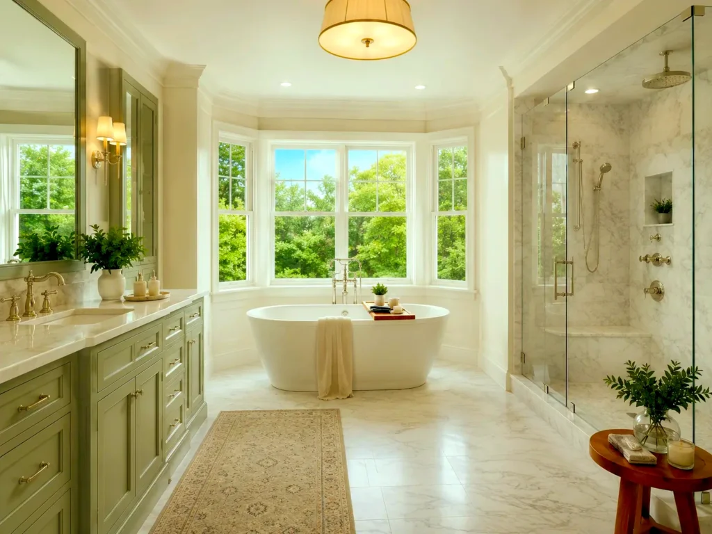 Luxury bathroom remodeling in Governors Land Williamsburg VA with freestanding tub and tile shower General Contractor Williamsburg VA