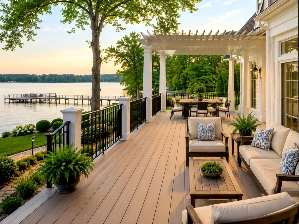 Custom deck and outdoor living space in Governors Land Williamsburg VA overlooking the water