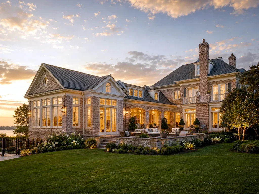 Luxury Kingspoint Williamsburg VA home addition and whole home remodeling exterior at sunset