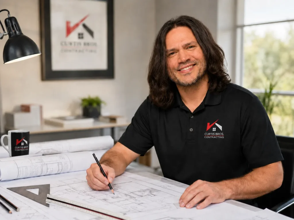 Tommy Curtis drafting construction plans at Curtis Bros Contracting in Nags Head, NC