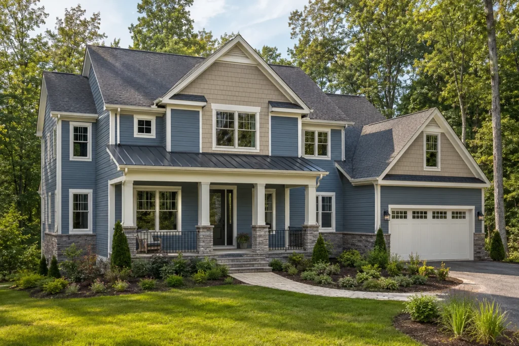 Williamsburg home in Ford's Colony with blue gray lap siding, shake accents, white trim, and stone details.