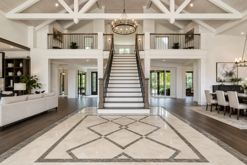 Grand remodeled foyer featuring hardwood flooring, a decorative tile inlay, and a central staircase in Governor's Land.