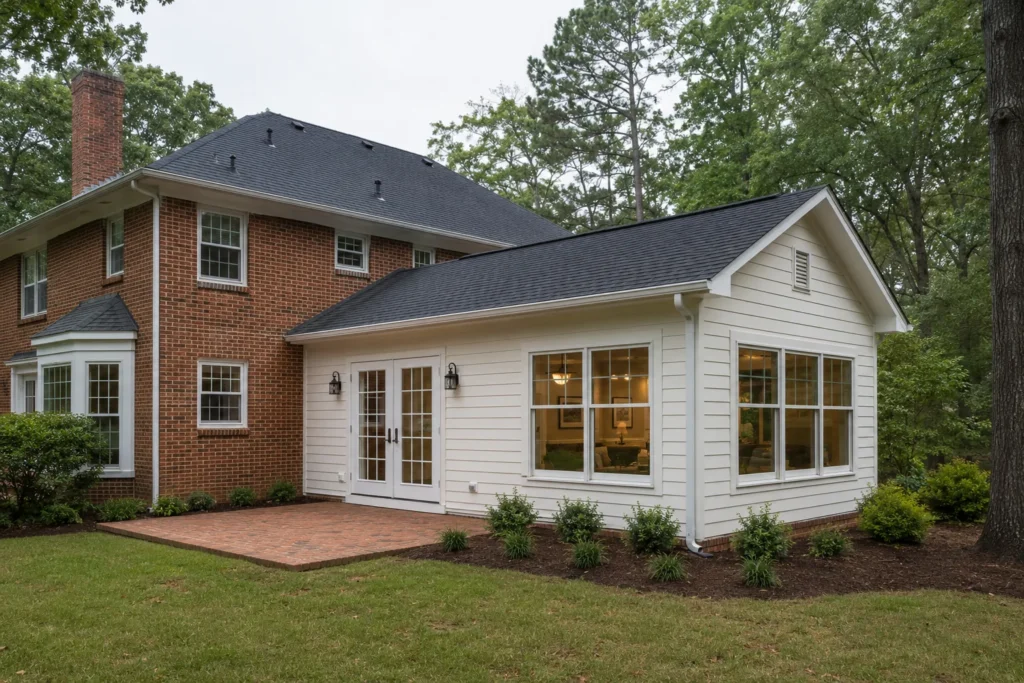 Completed family room addition connected to a two story brick home with a new patio and large windows.