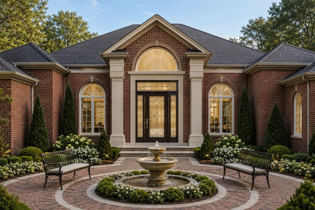 High end entry door with sidelights, a half round window, brick columns, and a front courtyard fountain Kingsmill, Williamsburg, VA