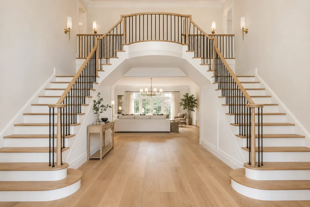 Modern Governor’s Land home remodeling with a double staircase, white oak floors, black railings, and an open living room.